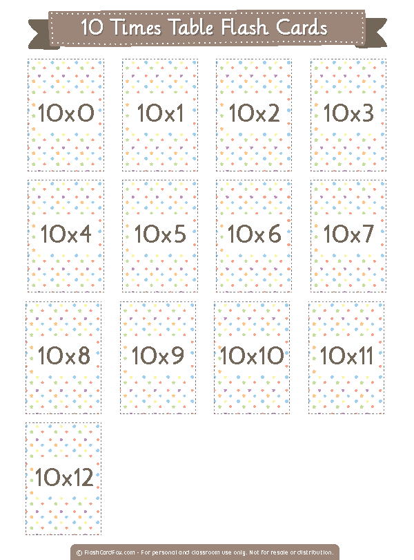 Free Printable 10 Times Table Flash Cards