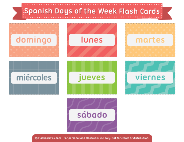 Printable Spanish Days of the Week Flash Cards