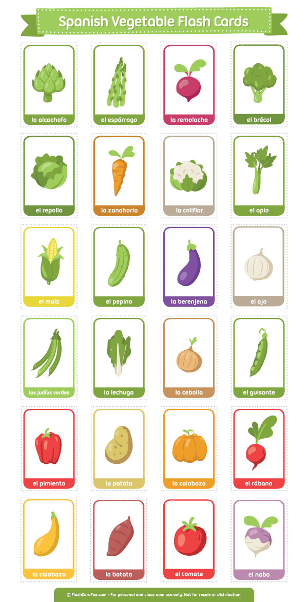 Printable Spanish Vegetable Flash Cards