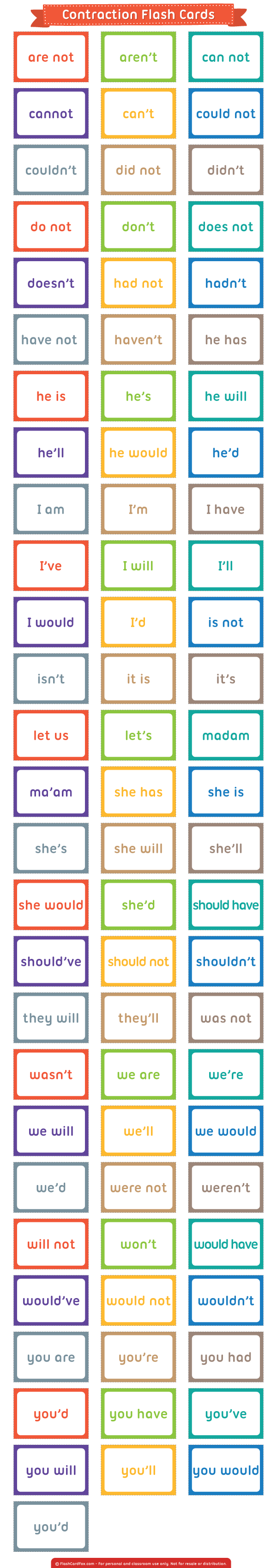 Free Printable Contraction Flash Cards