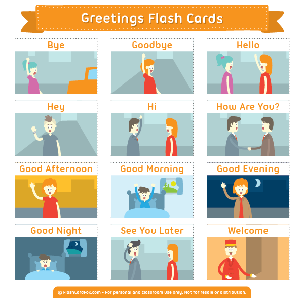 Free printable greetings flash cards. Download them in PDF format at