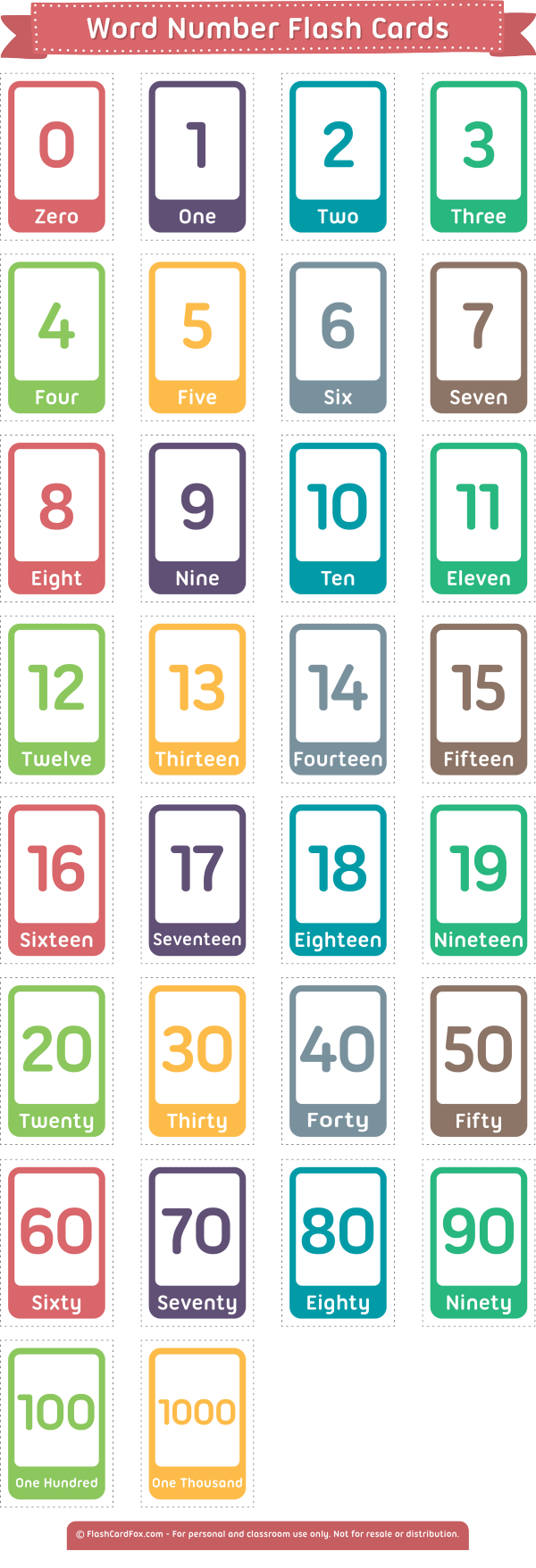 printable word number flash cards